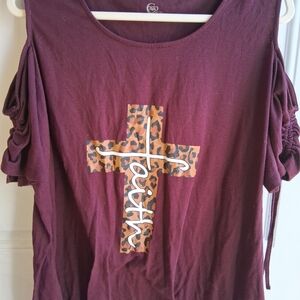 Cato Maroon Cold-Shoulder Top with Leopard Cross